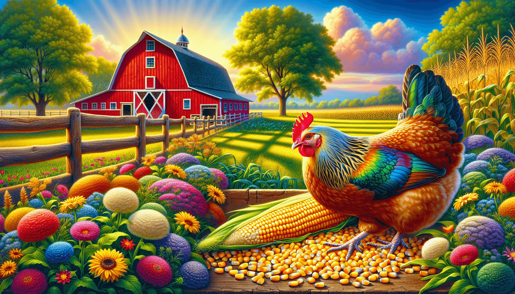 Pollo recogiendo maíz en un entorno de granja colorido