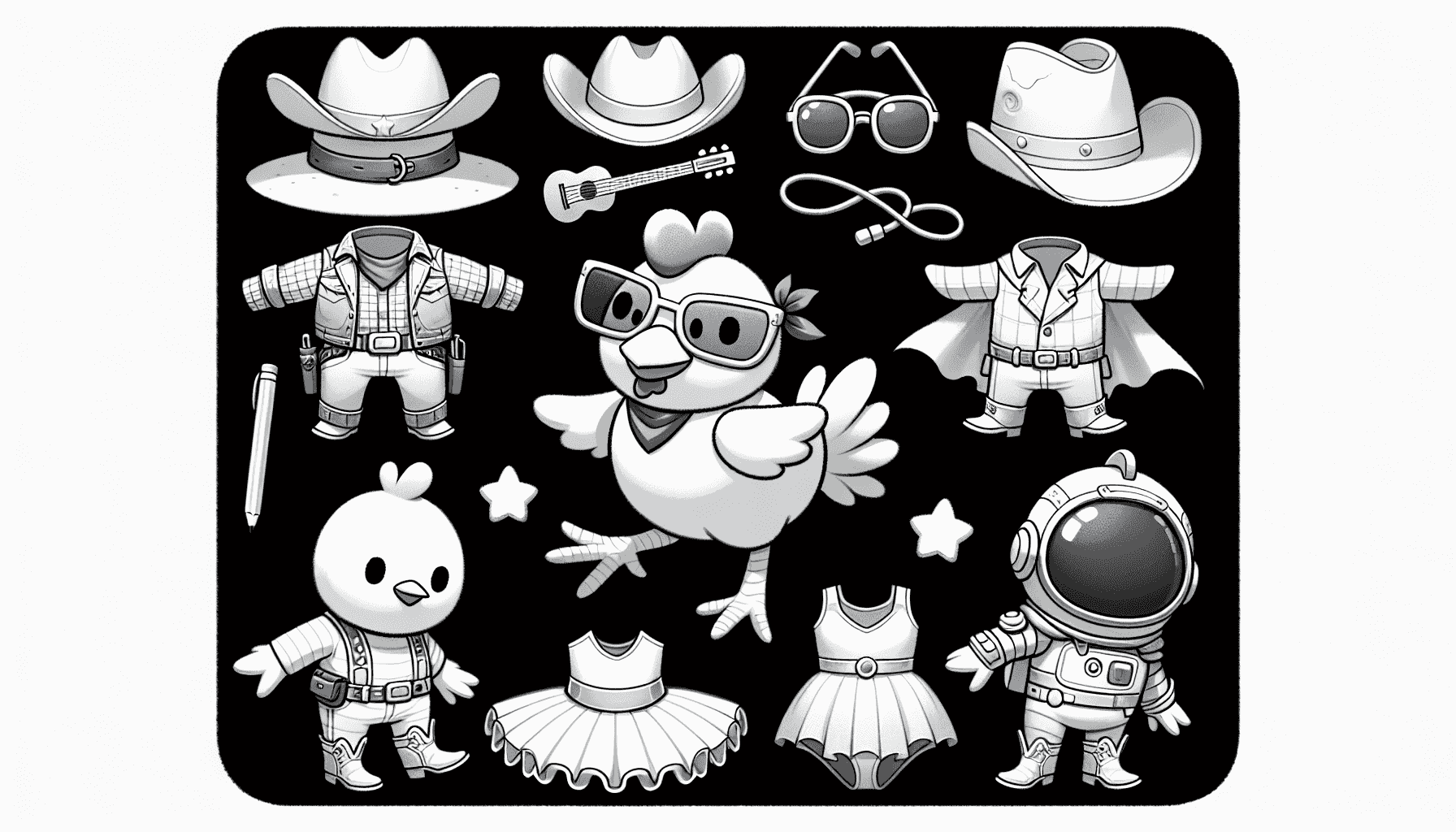 Colección de trajes divertidos para un pollo en un juego