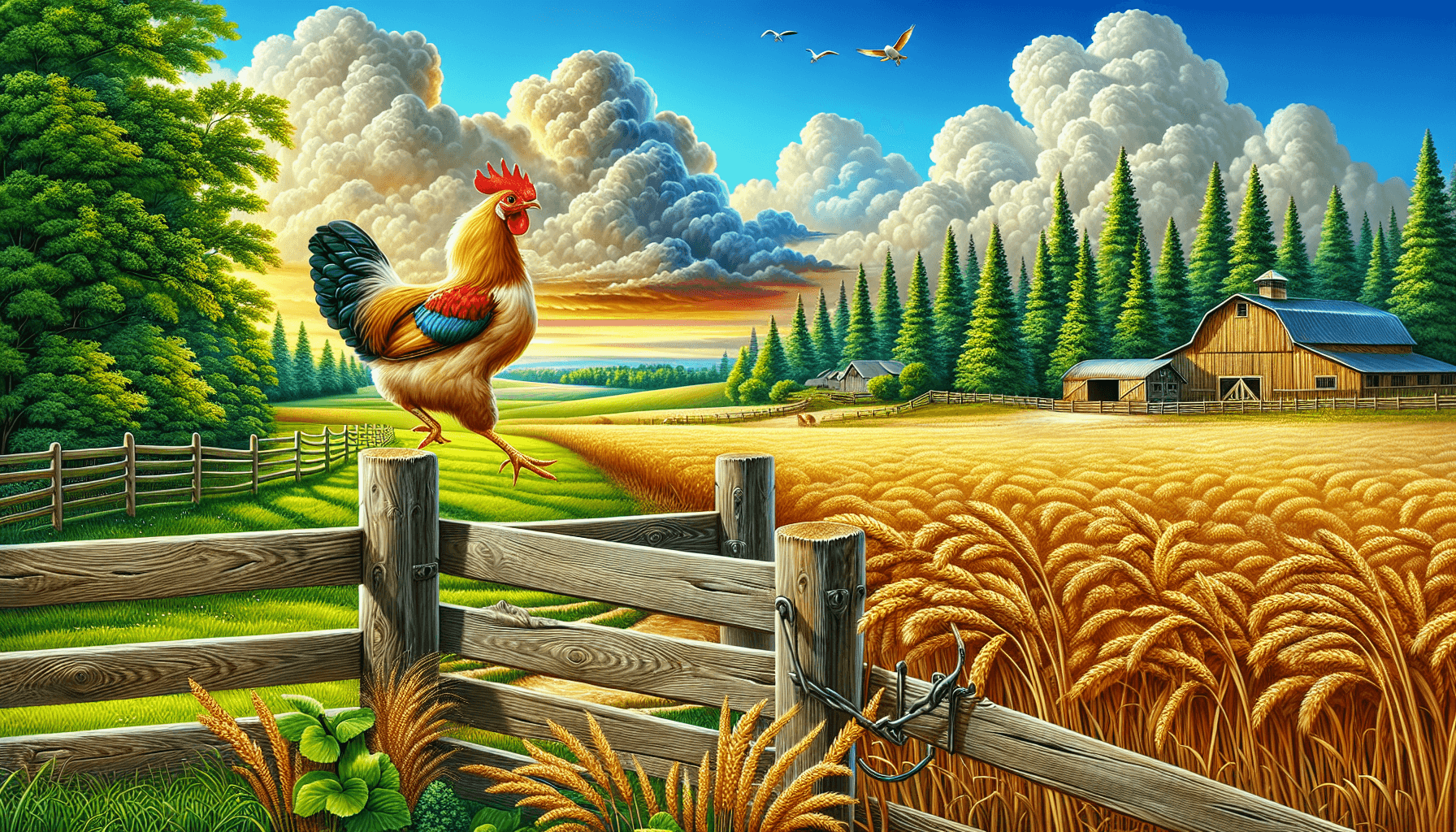 Pollo saltando una cerca en un entorno de granja vibrante