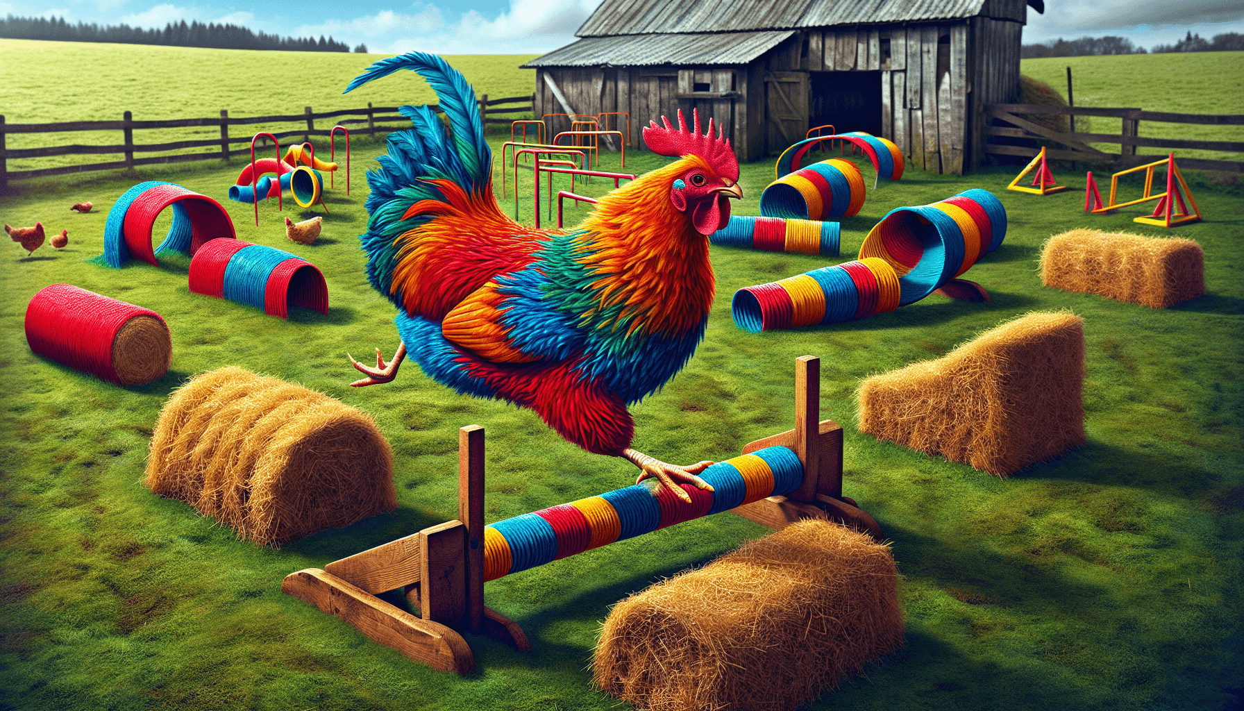 Pollo corriendo por un curso de obstáculos en la granja